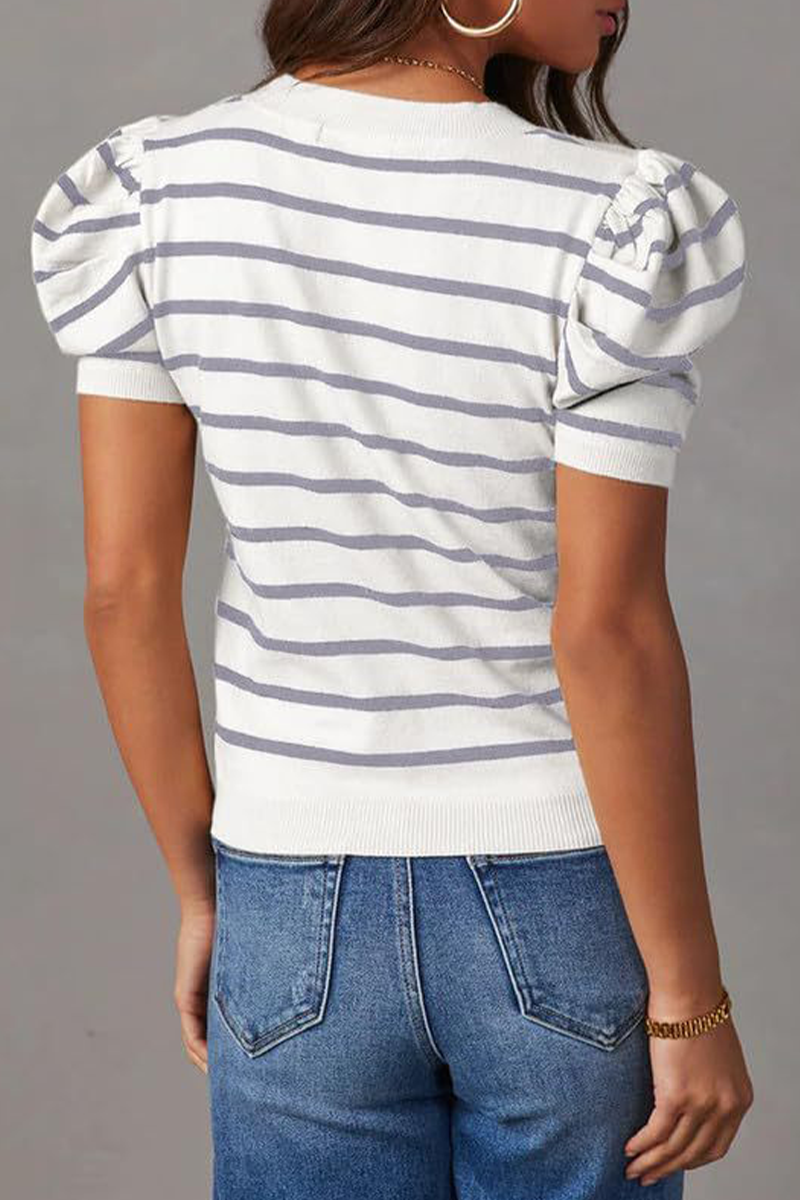 Casual Stripe Ruched Weave O Neck T-Shirts(5 Colors) - Fashionpara
