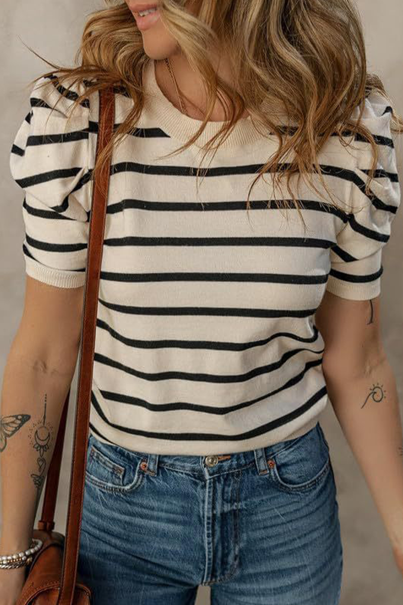 Casual Stripe Ruched Weave O Neck T-Shirts(5 Colors) - Fashionpara