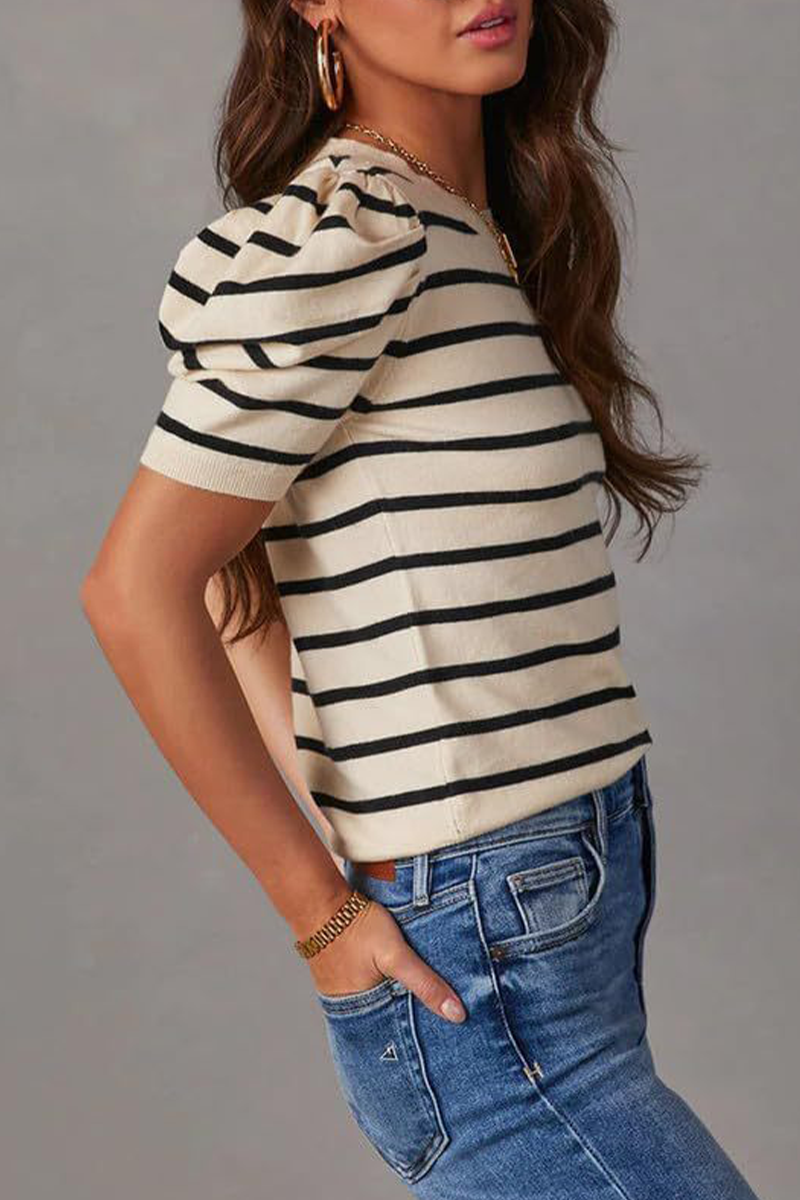 Casual Stripe Ruched Weave O Neck T-Shirts(5 Colors) - Fashionpara