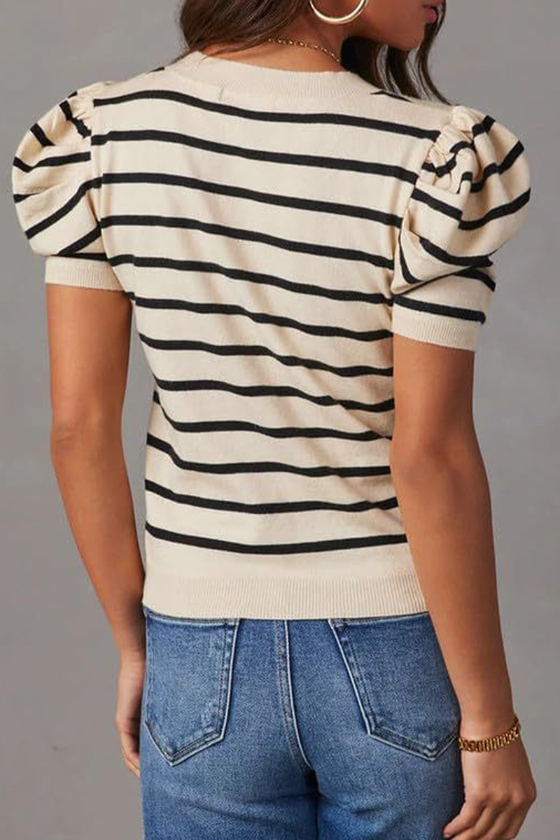 Casual Stripe Ruched Weave O Neck T-Shirts(5 Colors) - Fashionpara