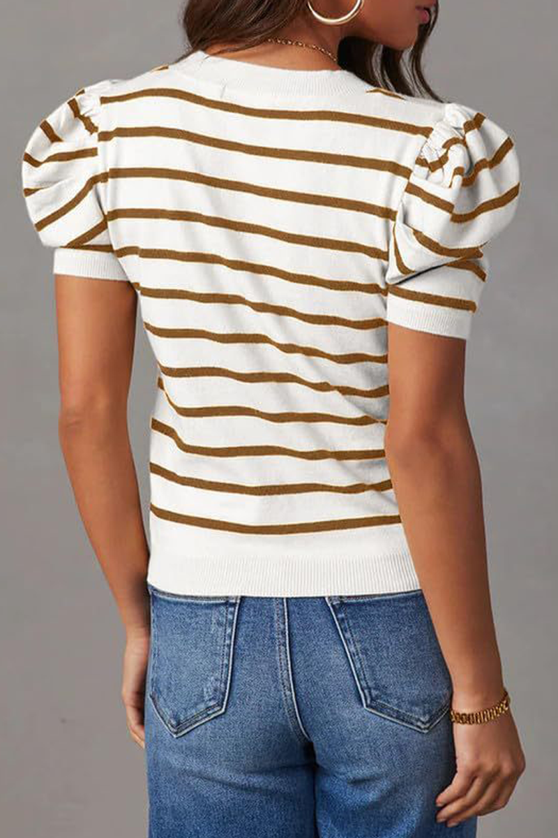 Casual Stripe Ruched Weave O Neck T-Shirts(5 Colors) - Fashionpara