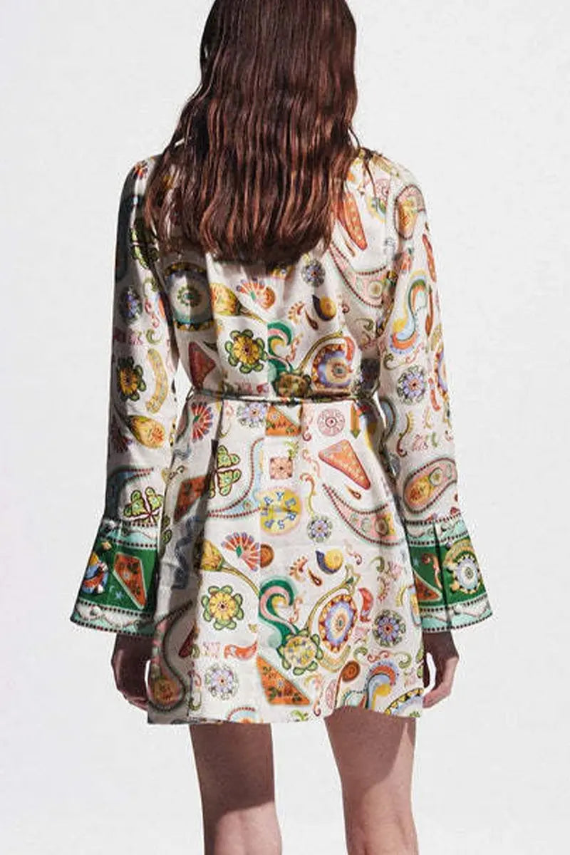 Casual Graffiti Print Lace Up Contrast Turndown Collar Shirt Dresses Fashionpara