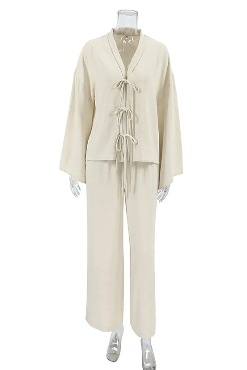 Casual Daily Solid Color Pocket Lace Up V Neck Long Sleeve Two Pieces Fashionpara