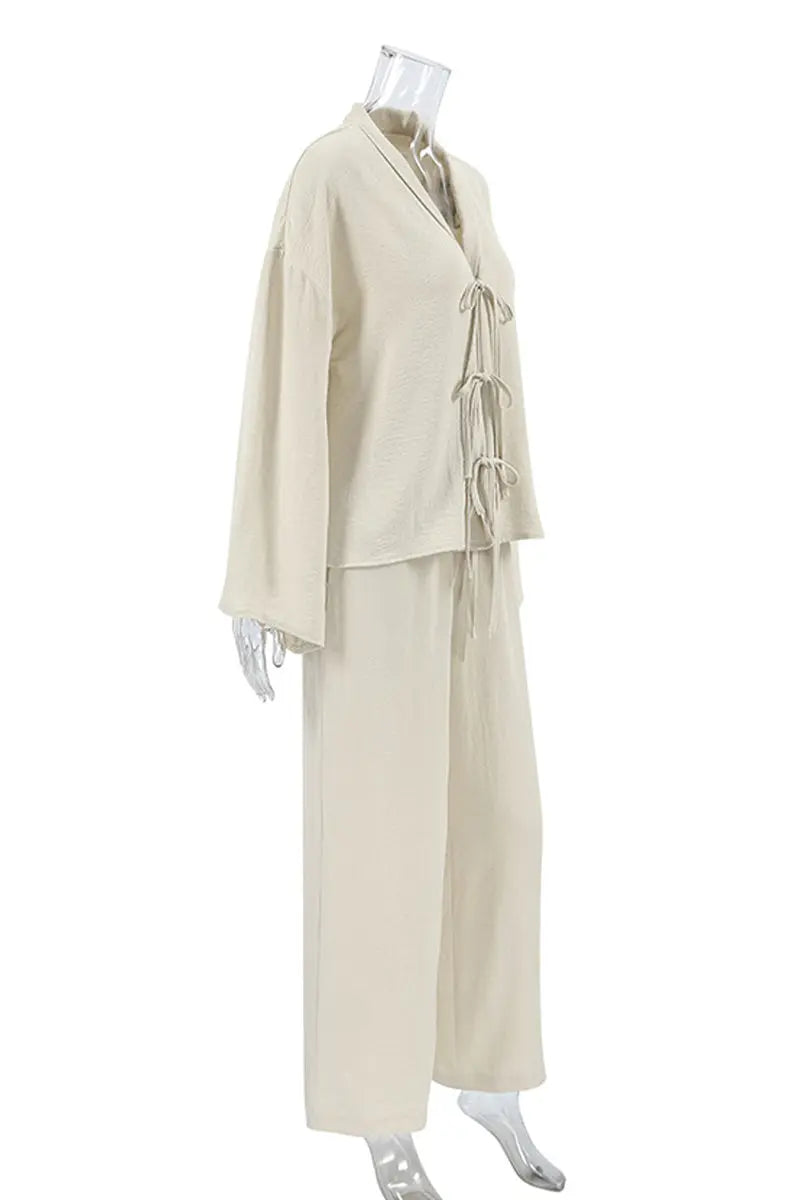 Casual Daily Solid Color Pocket Lace Up V Neck Long Sleeve Two Pieces Fashionpara