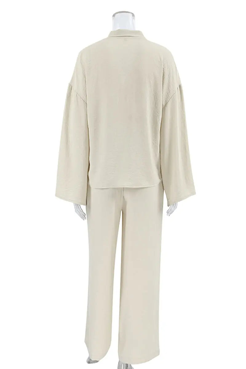 Casual Daily Solid Color Pocket Lace Up V Neck Long Sleeve Two Pieces Fashionpara