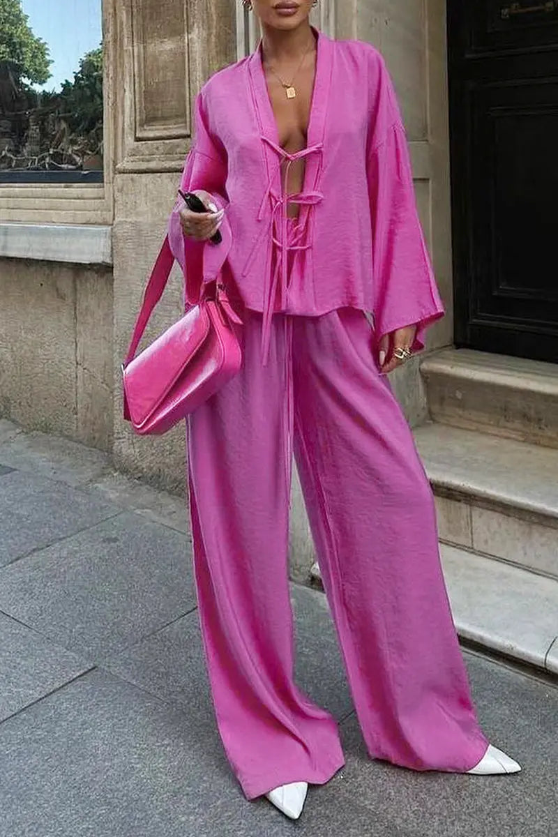 Casual Daily Solid Color Pocket Lace Up V Neck Long Sleeve Two Pieces Fashionpara