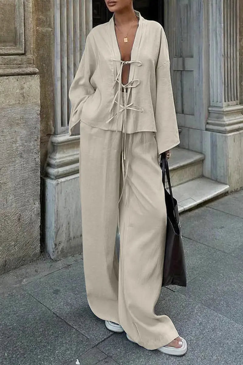 Casual Daily Solid Color Pocket Lace Up V Neck Long Sleeve Two Pieces Fashionpara