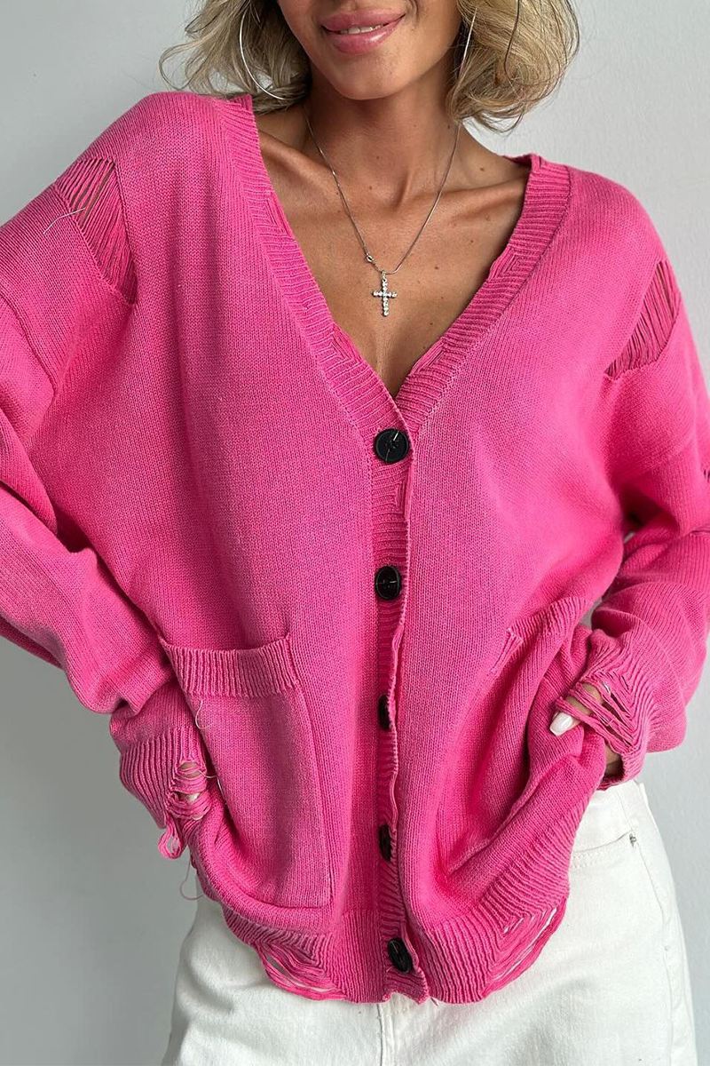 Bohonini V Neck Distressed Knitted Jacket with Pocket Detail