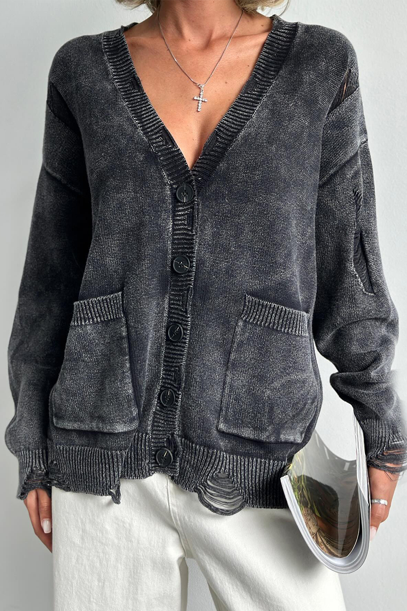 Bohonini V Neck Distressed Knitted Jacket with Pocket Detail