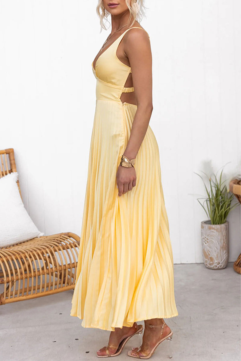 Sexy Pleated V Neck Sleeveless Dresses - Fashionpara