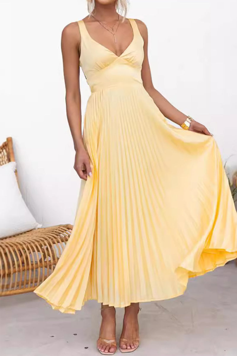 Sexy Pleated V Neck Sleeveless Dresses - Fashionpara