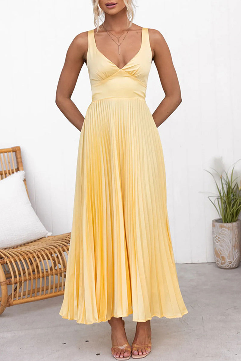 Sexy Pleated V Neck Sleeveless Dresses - Fashionpara