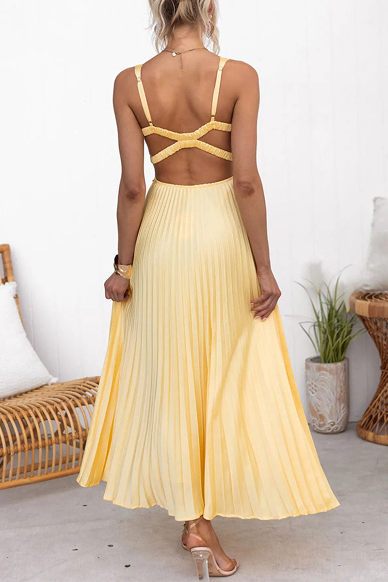 Sexy Pleated V Neck Sleeveless Dresses - Fashionpara