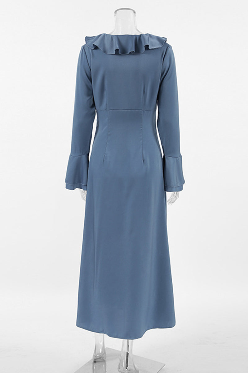 Celebrities Elegant Solid Color Buttons Ruffle V Neck A Line Dresses - Fashionpara