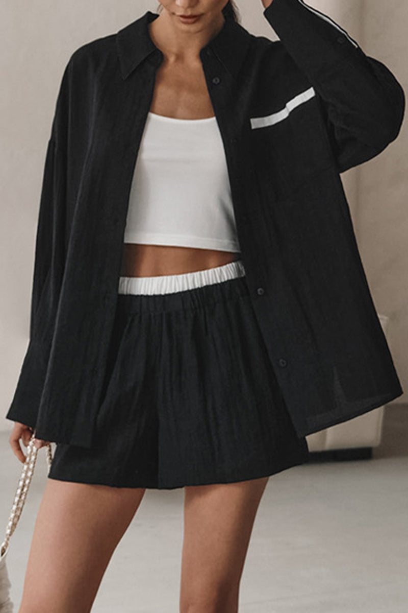 Casual Street Solid Color Patchwork Contrast Turndown Collar Long Sleeve Two Pieces - Fashionpara