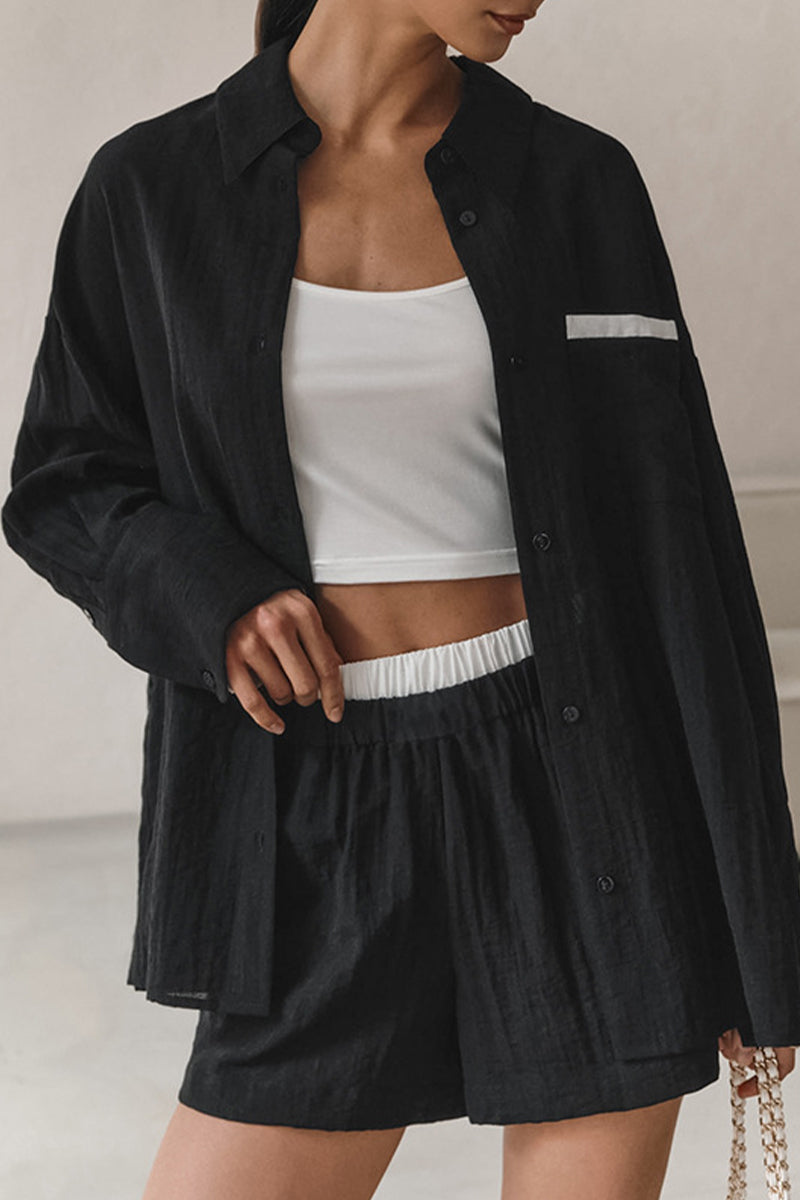 Casual Street Solid Color Patchwork Contrast Turndown Collar Long Sleeve Two Pieces - Fashionpara