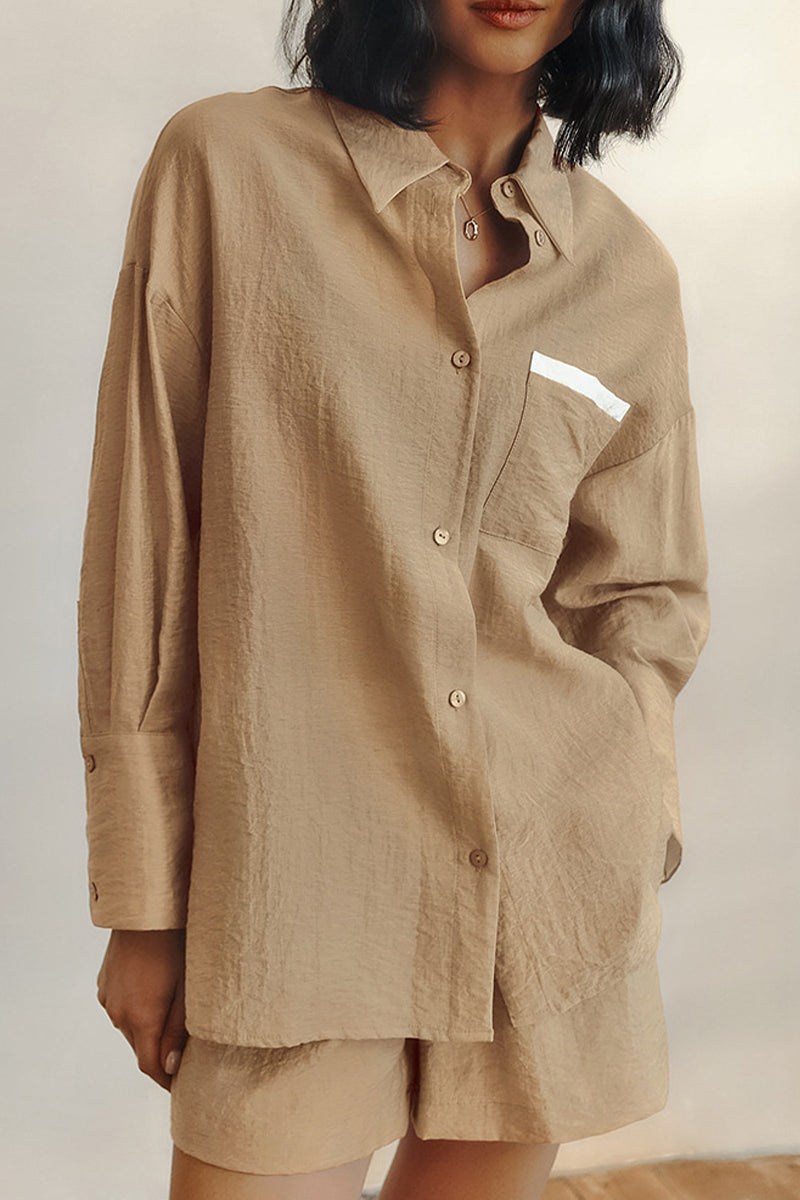 Casual Street Solid Color Patchwork Contrast Turndown Collar Long Sleeve Two Pieces - Fashionpara