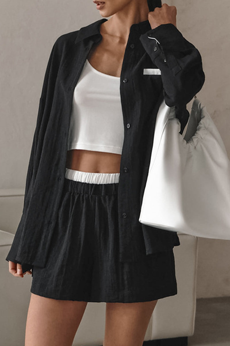 Casual Street Solid Color Patchwork Contrast Turndown Collar Long Sleeve Two Pieces - Fashionpara