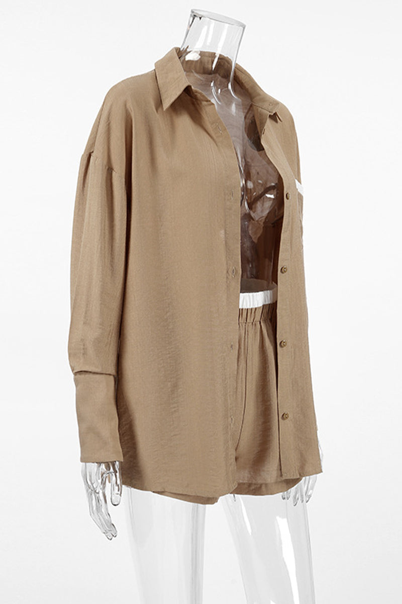 Casual Street Solid Color Patchwork Contrast Turndown Collar Long Sleeve Two Pieces - Fashionpara