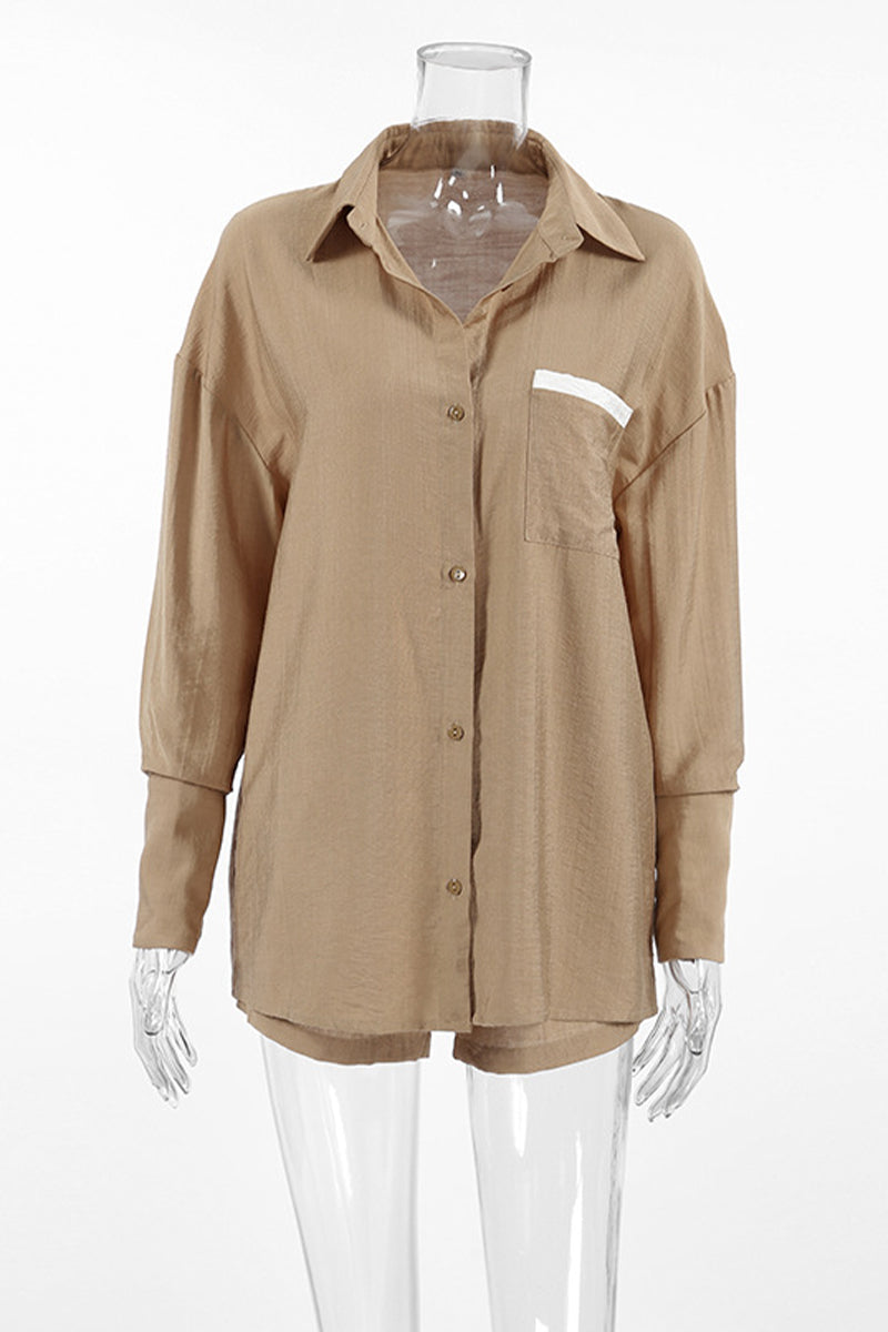 Casual Street Solid Color Patchwork Contrast Turndown Collar Long Sleeve Two Pieces - Fashionpara