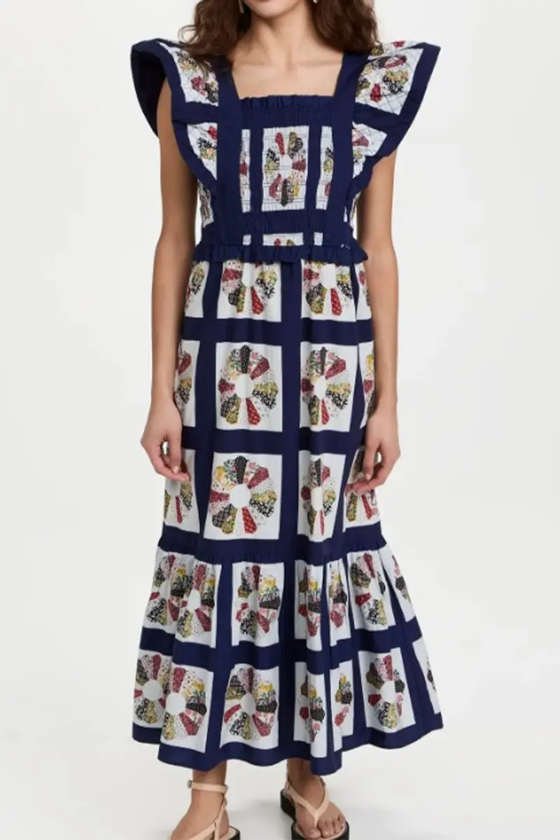 Sexy Geometric Print Patchwork Bow Decor Contrast Square Neck One Step Skirt Dresses Fashionpara