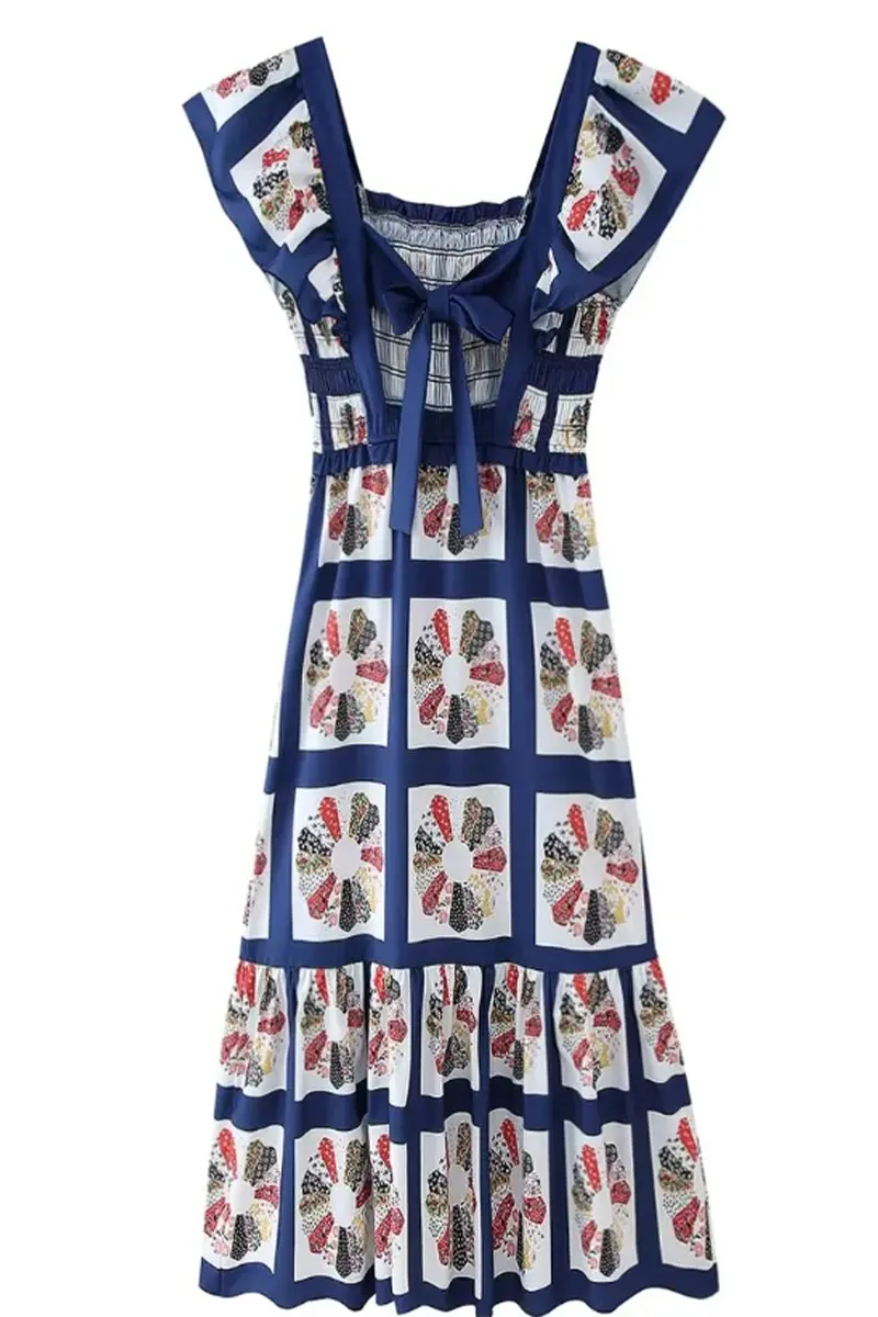 Sexy Geometric Print Patchwork Bow Decor Contrast Square Neck One Step Skirt Dresses Fashionpara