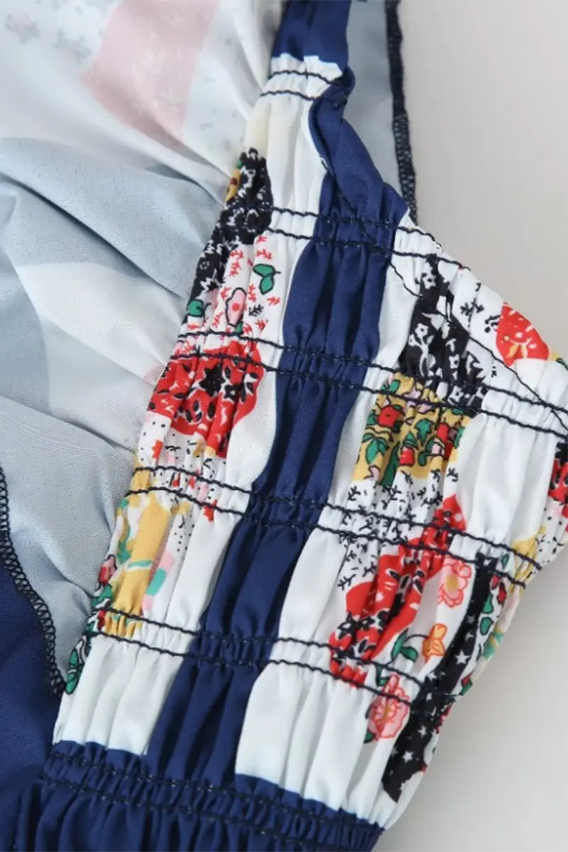 Sexy Geometric Print Patchwork Bow Decor Contrast Square Neck One Step Skirt Dresses Fashionpara