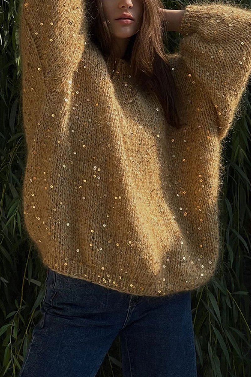 Florcoo Casual Solid Color Sequined O Neck Sweater