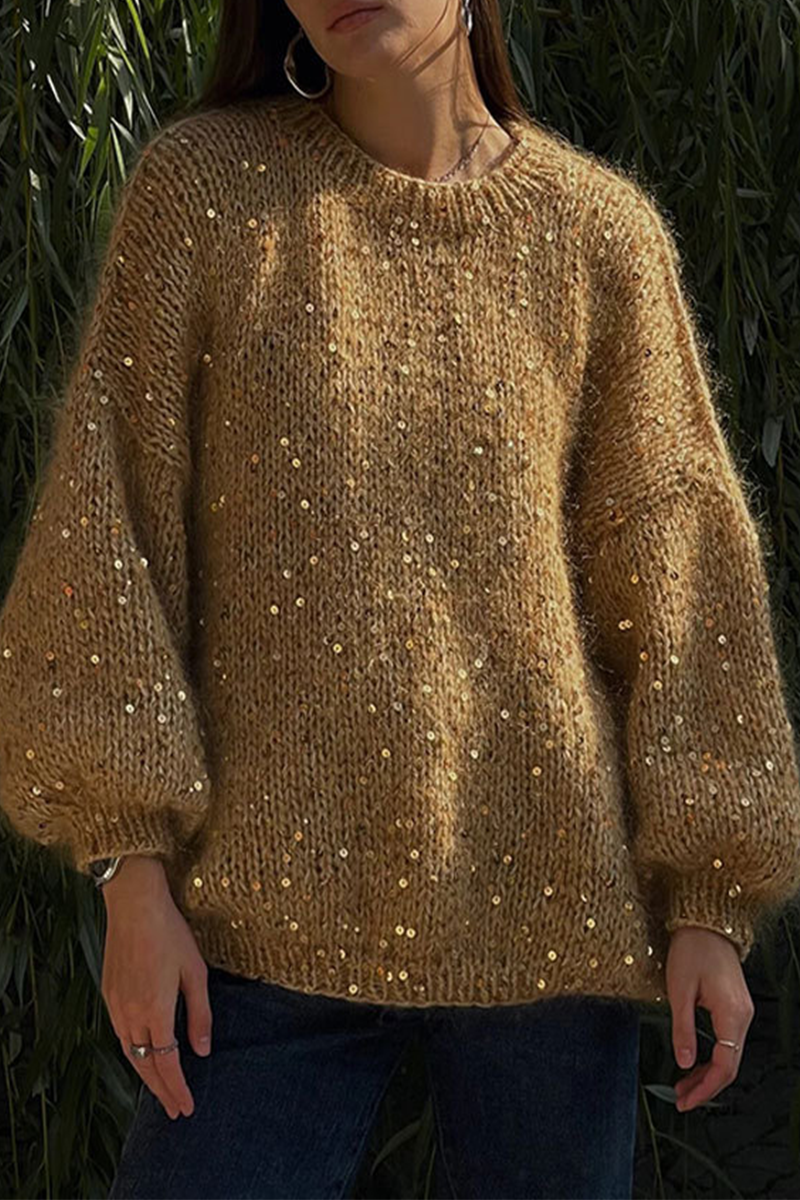 Florcoo Casual Solid Color Sequined O Neck Sweater