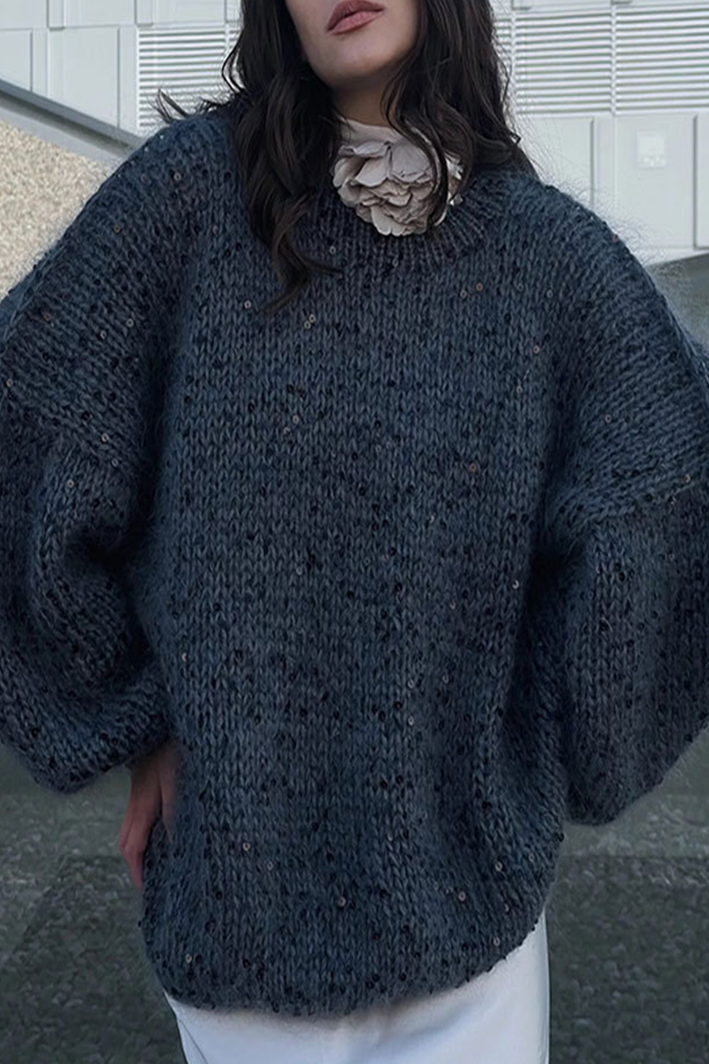 Florcoo Casual Solid Color Sequined O Neck Sweater