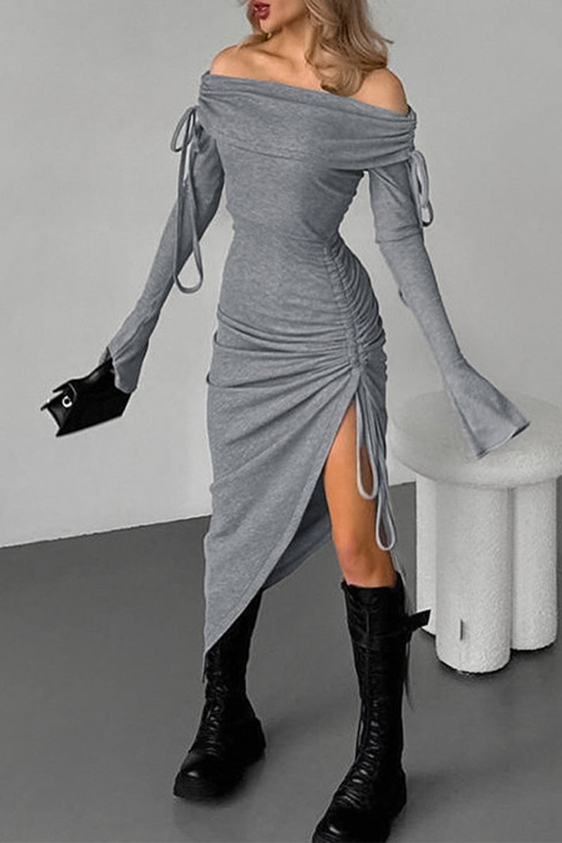 Sexy Solid Color Draw String Off Shoulder Wrapped Skirt Dresses - Fashionpara