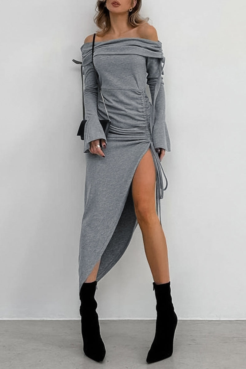 Sexy Solid Color Draw String Off Shoulder Wrapped Skirt Dresses - Fashionpara