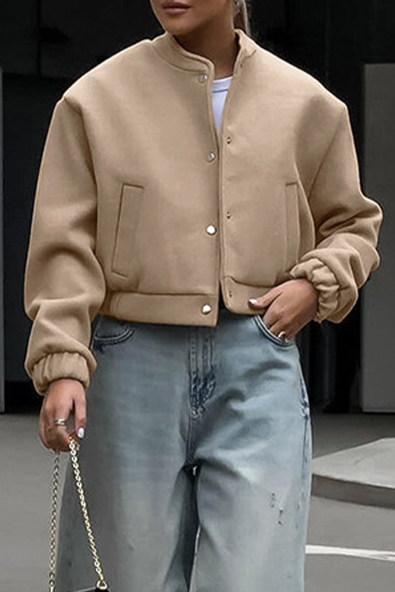 Solid Color Pocket Blazer with Mandarin Collar for Casual Style