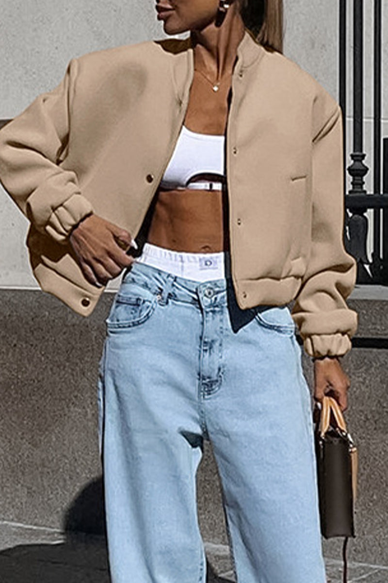 Solid Color Pocket Blazer with Mandarin Collar for Casual Style