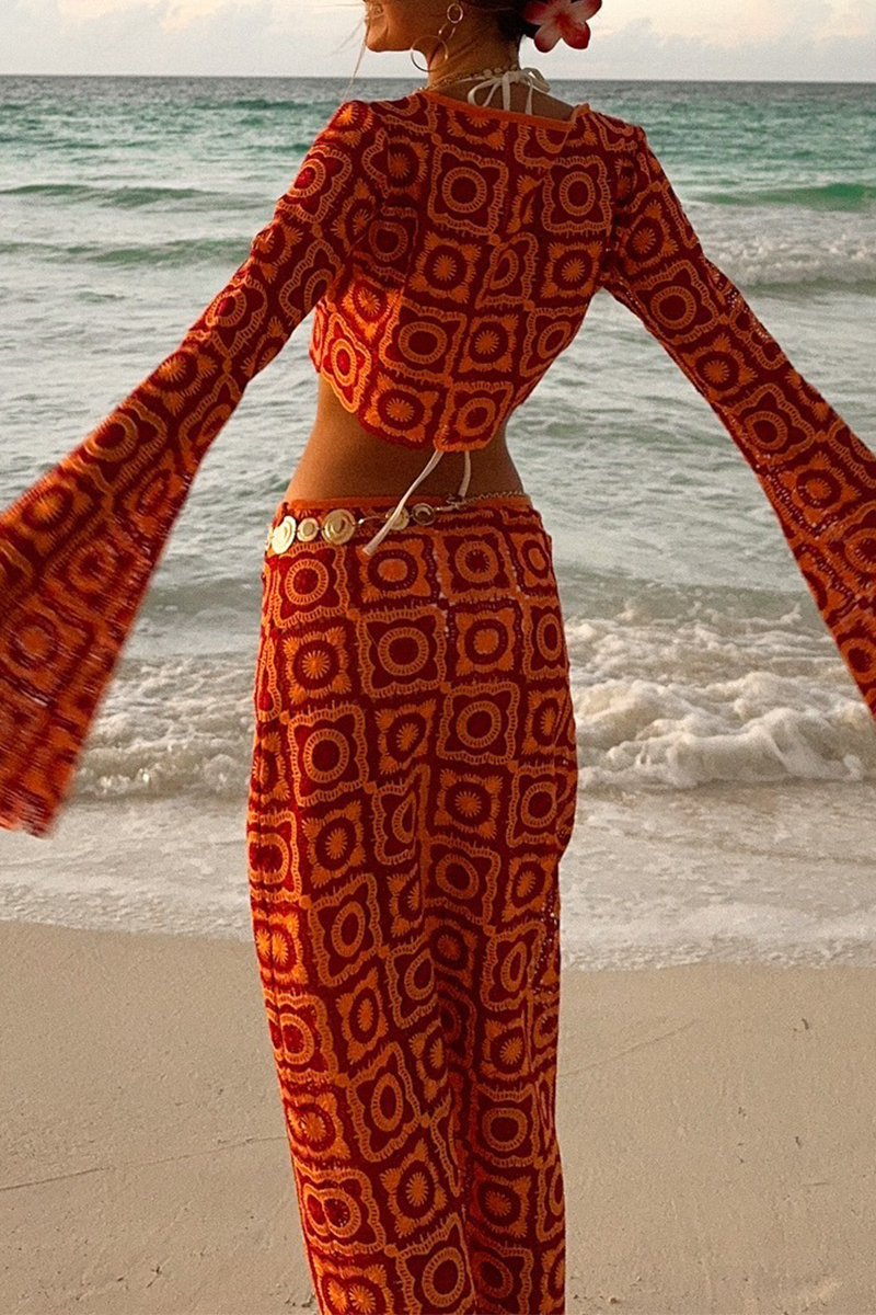 Sexy Vacation Hollow Out O Neck Long Sleeve Two Pieces(4 Colors)