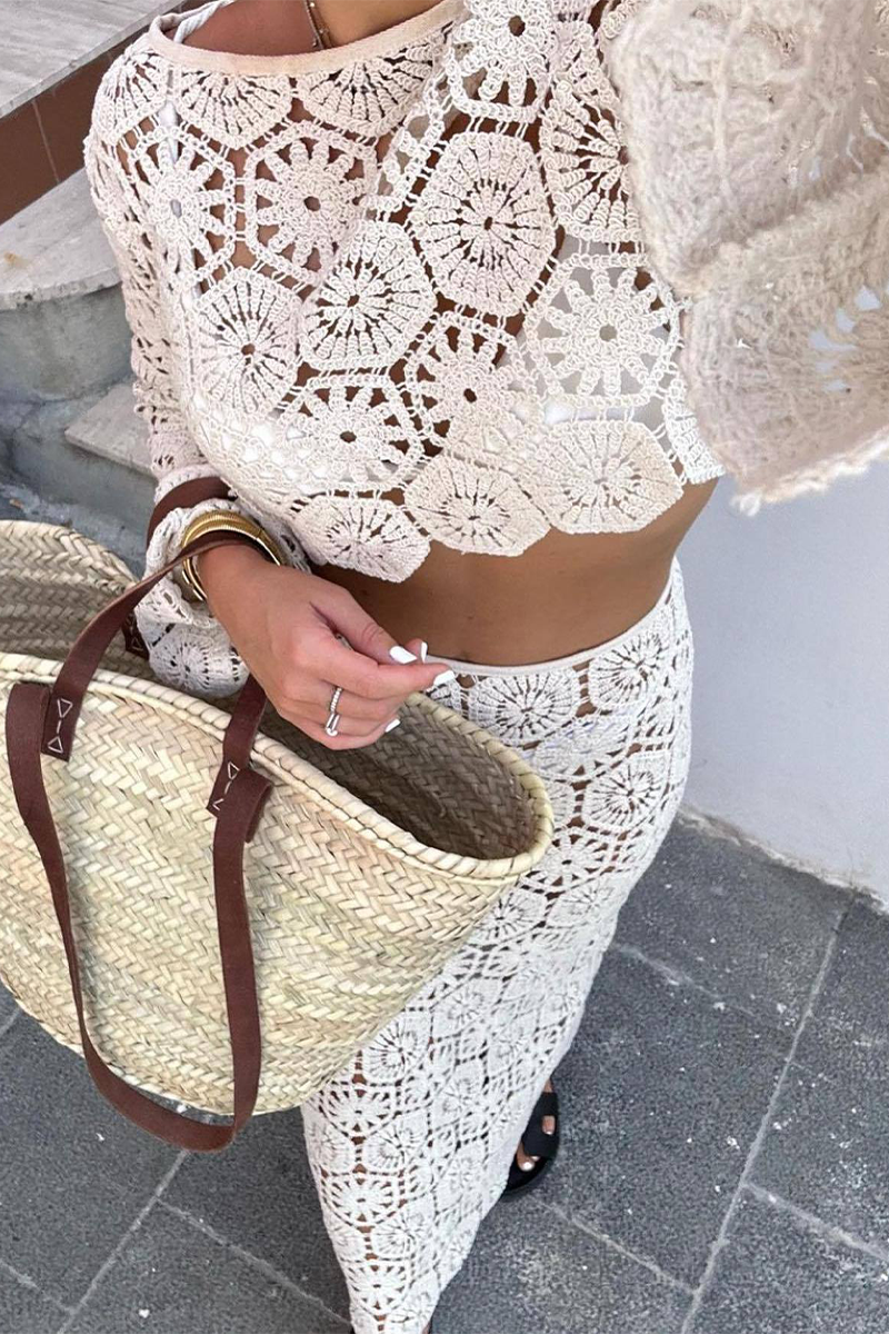 Sexy Vacation Hollow Out O Neck Long Sleeve Two Pieces(4 Colors)