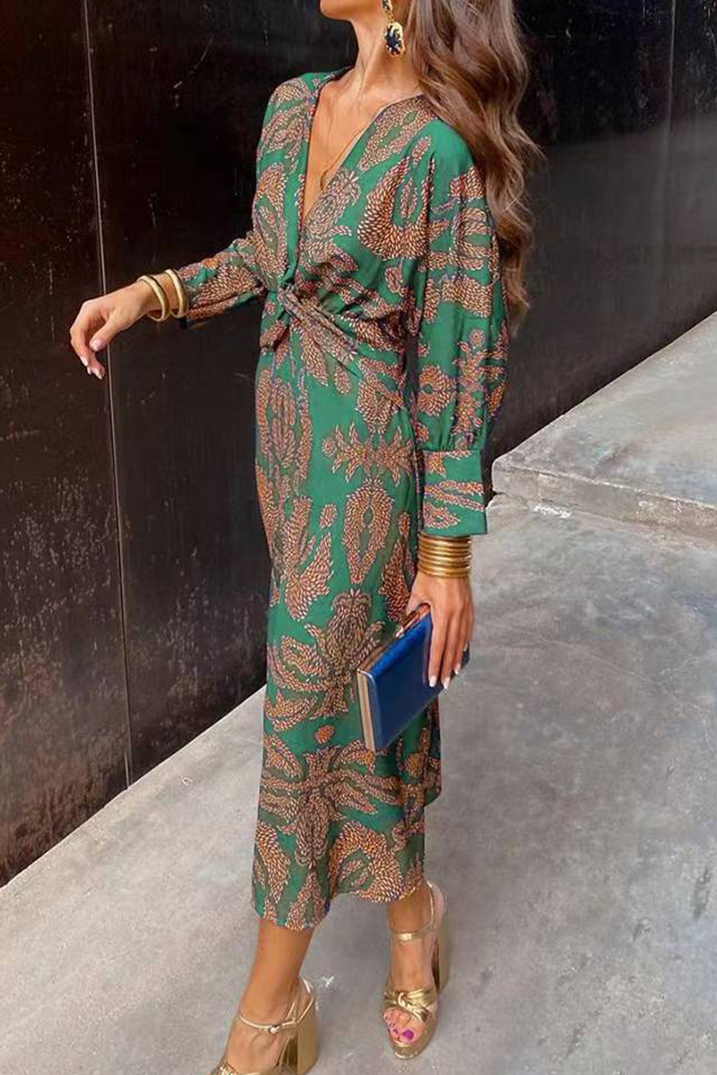 Elegant Floral Print Ruched V Neck A Line Dresses(4 Colors) - Fashionpara