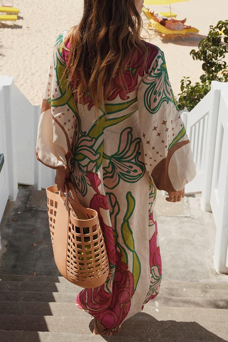 Casual Floral Print Lace Up V Neck A Line Dresses - Fashionpara