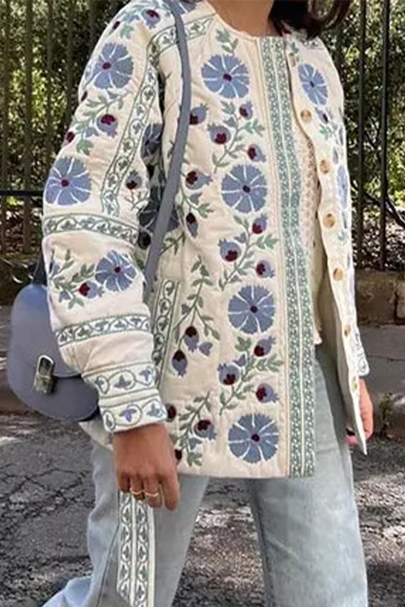 Bohonini Floral Lace-Up Blazer with Button Detail and O-Neck