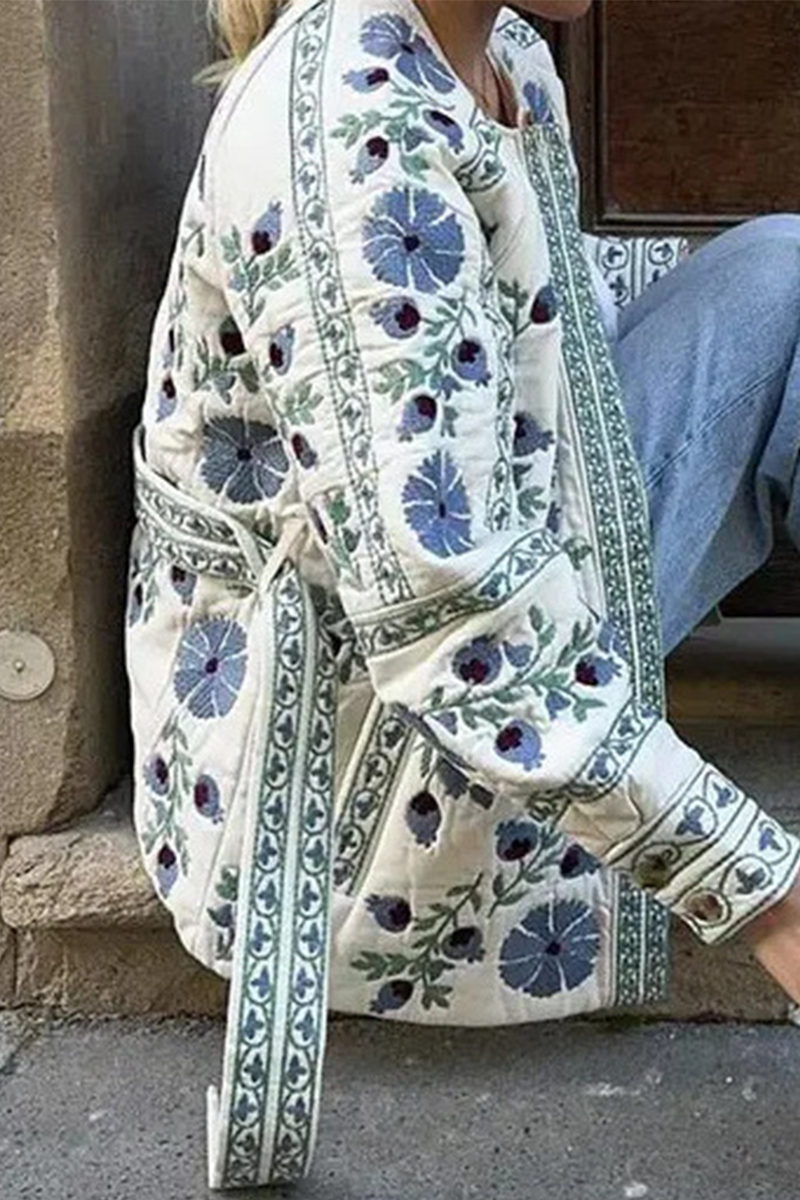 Bohonini Floral Lace-Up Blazer with Button Detail and O-Neck