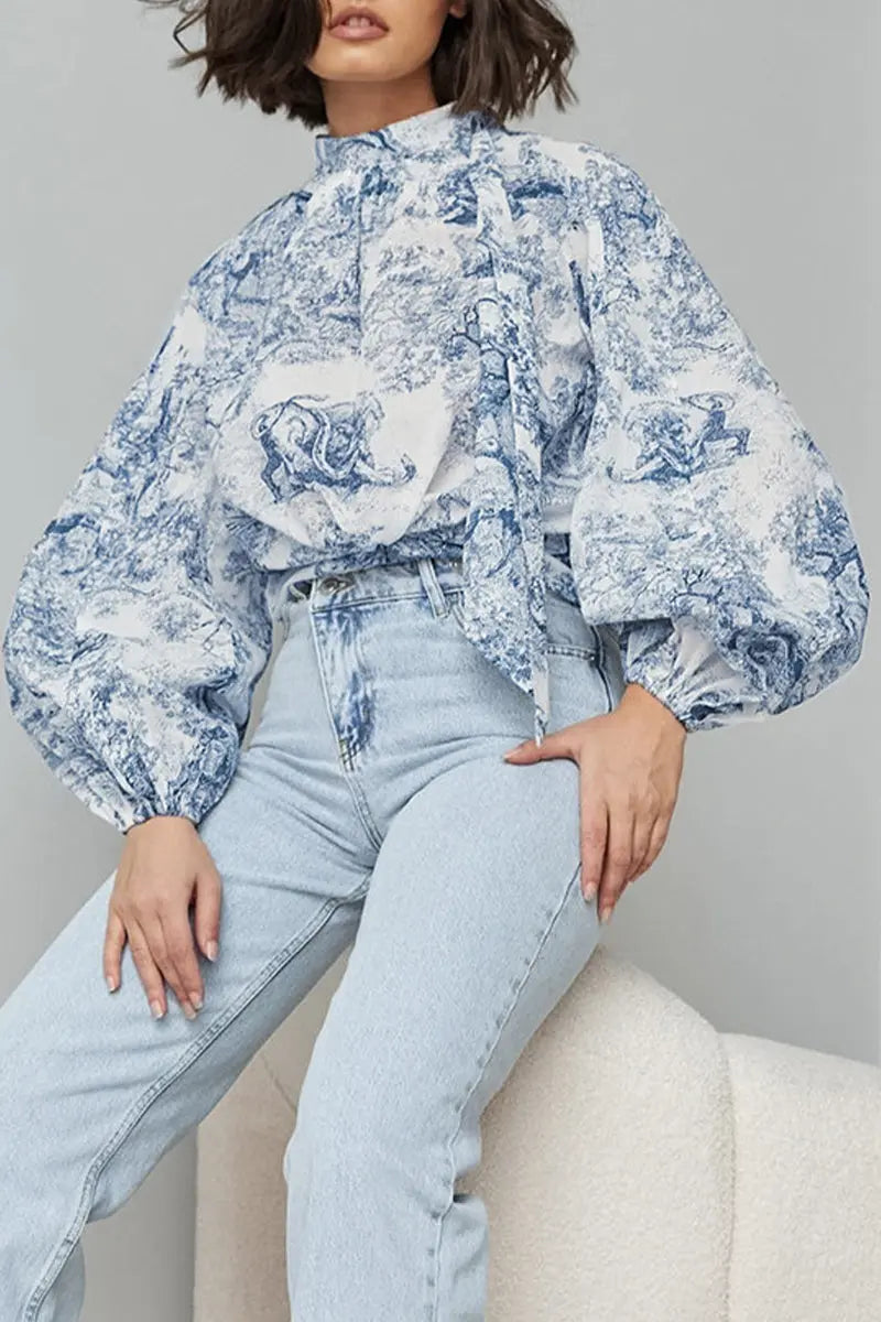 Street Daily Landscape printing Lace Up Mandarin Collar Blouses Fashionpara