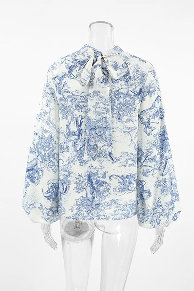 Street Daily Landscape printing Lace Up Mandarin Collar Blouses Fashionpara