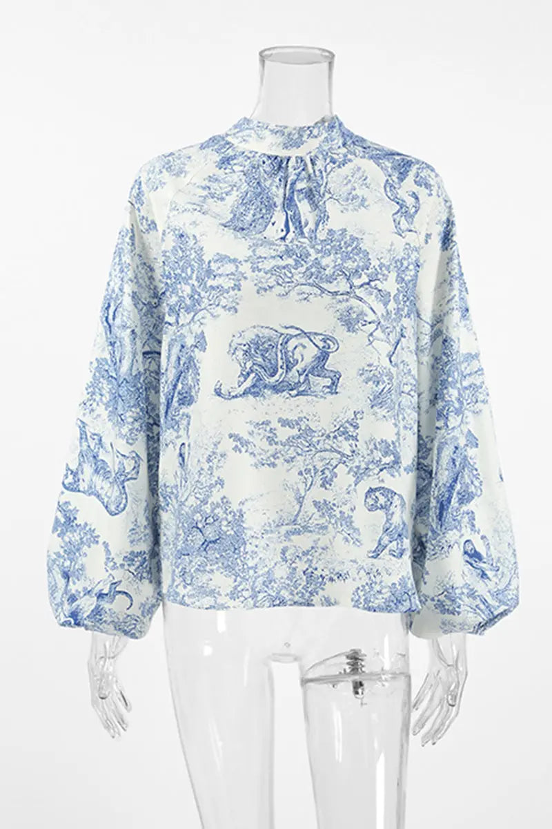 Street Daily Landscape printing Lace Up Mandarin Collar Blouses Fashionpara