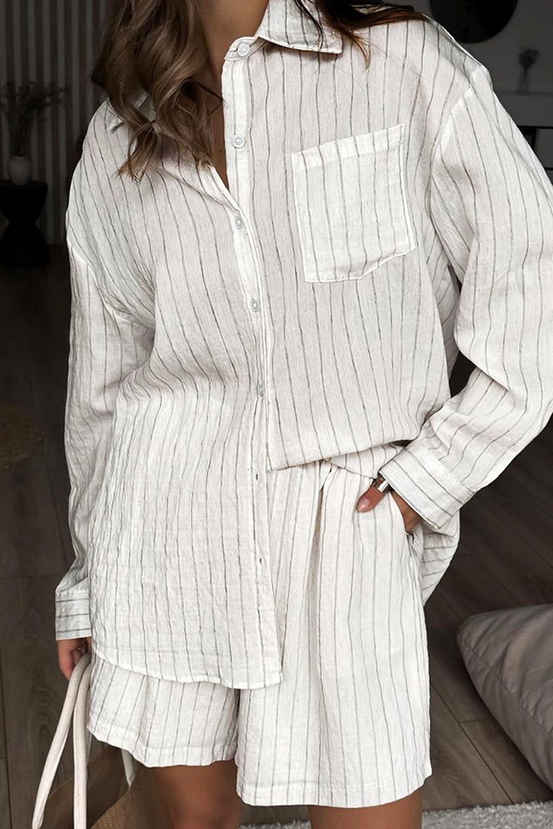 Casual Daily Striped Print Pocket Buttons Turndown Collar Long Sleeve Two Pieces - Fashionpara