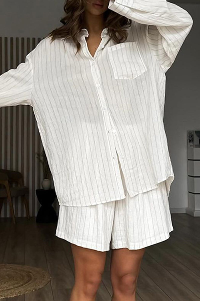 Casual Daily Striped Print Pocket Buttons Turndown Collar Long Sleeve Two Pieces - Fashionpara