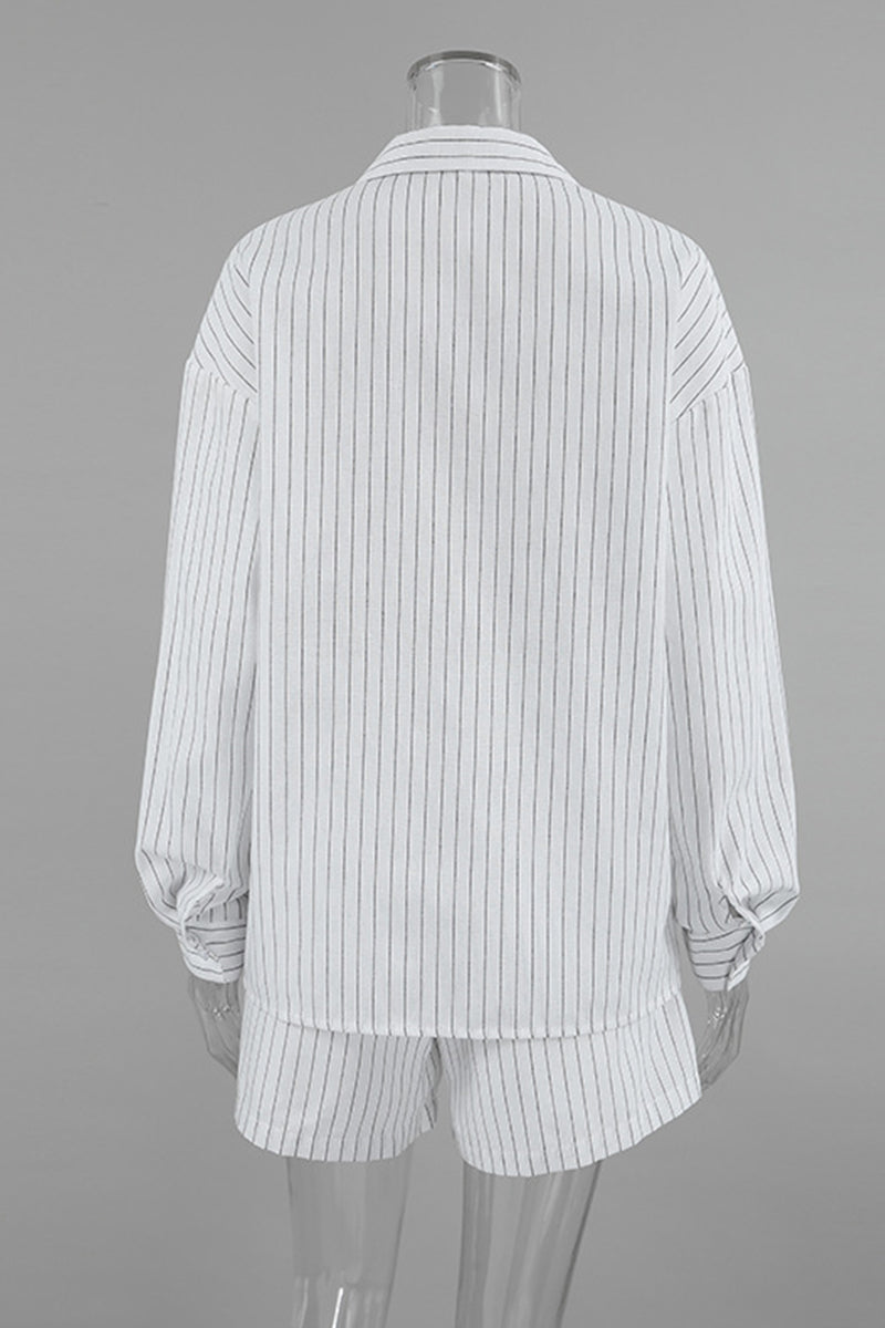 Casual Daily Striped Print Pocket Buttons Turndown Collar Long Sleeve Two Pieces - Fashionpara