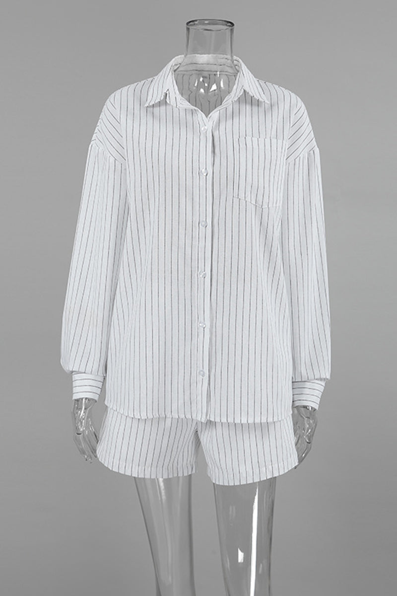 Casual Daily Striped Print Pocket Buttons Turndown Collar Long Sleeve Two Pieces - Fashionpara