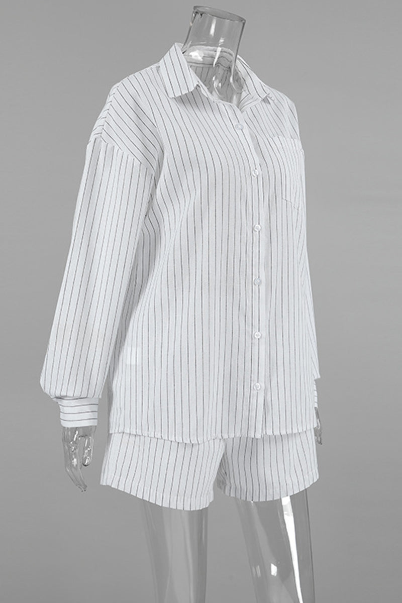 Casual Daily Striped Print Pocket Buttons Turndown Collar Long Sleeve Two Pieces - Fashionpara