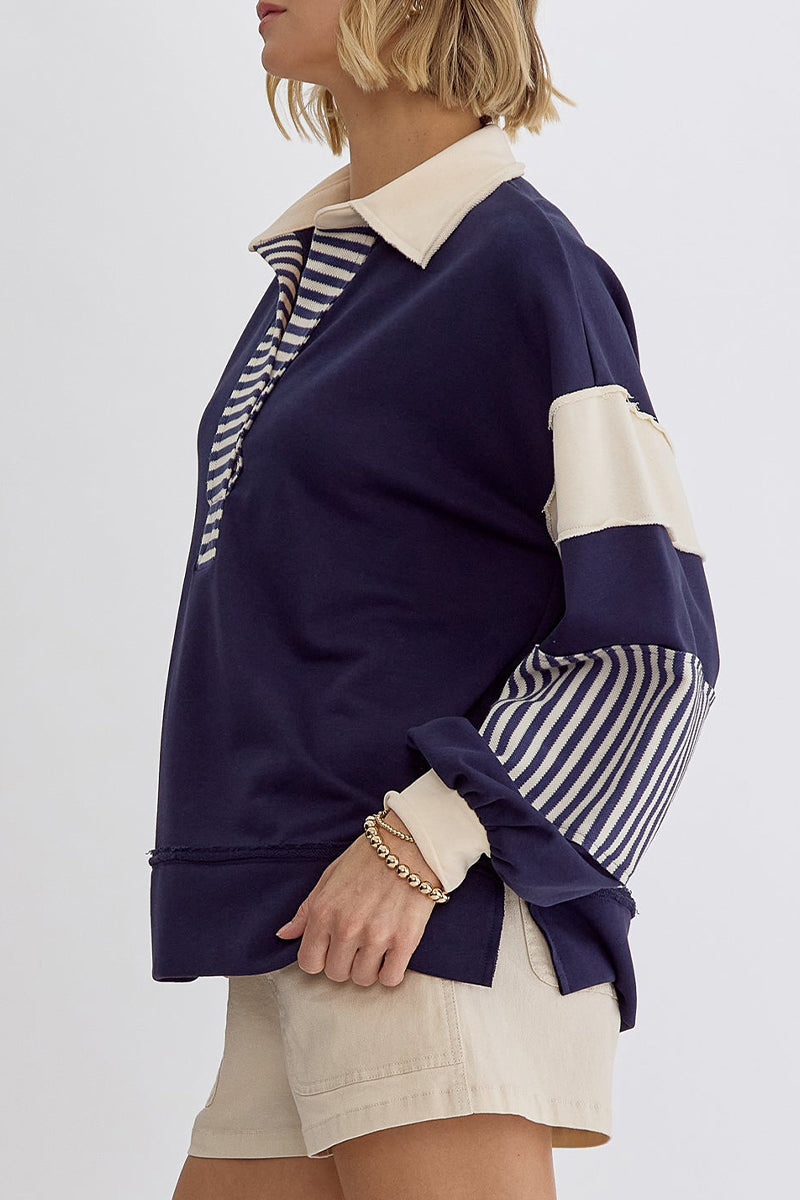 Casual Street Stripe Patchwork Contrast Turndown Collar Tops - Fashionpara