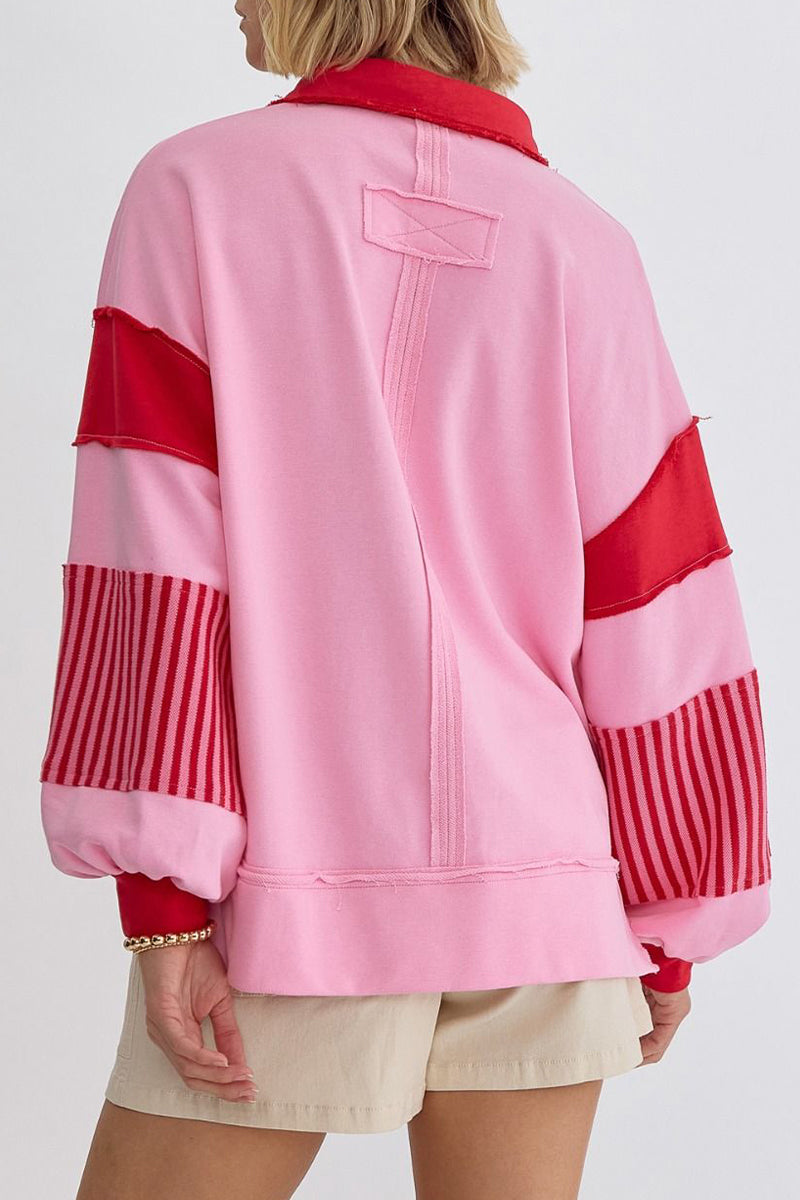 Casual Street Stripe Patchwork Contrast Turndown Collar Tops - Fashionpara